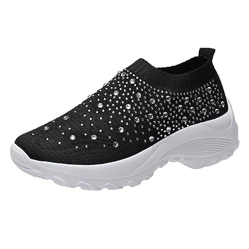 Womens Fashion Rhinestone Mesh Knit Slip On Sneaker Breathable Casual Comfortable Lightweight Walking Shoes Running Shoes Tennis Sneakers