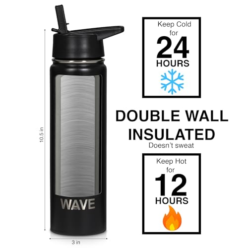 Leak Proof Water Bottle with Straw 22oz | Insulated Double Walled Stainless Steel Metal Thermos Bottles for Men, Women & Kids | Reusable Sports BPA Free Flask for Gym Sports | Wave Retail | Gray