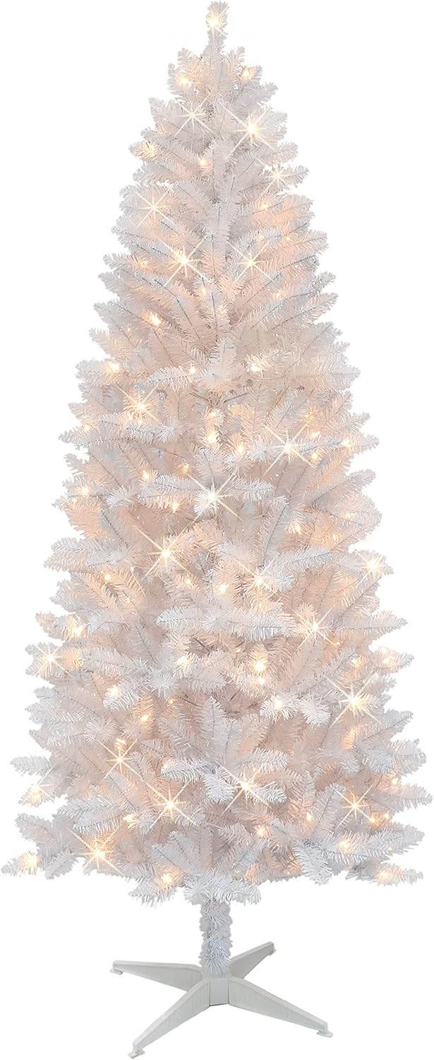Puleo International Inc. Puleo International White 680 Tips 200 Clear Lights 7 ft Pre-Lit Carson Artificial Pine Tree, 7'
