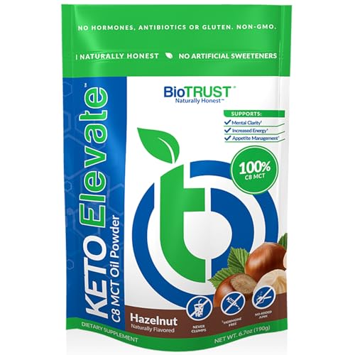 BioTrust Keto Elevate – Pure C8 MCT Oil Powder – Ketogenic Diet Supplement & Paleo Coffee Creamer for Clean Energy, Mental Focus, and Clarity – Non-GMO 100% Caprylic Acid (Hazelnut, 20 Servings)