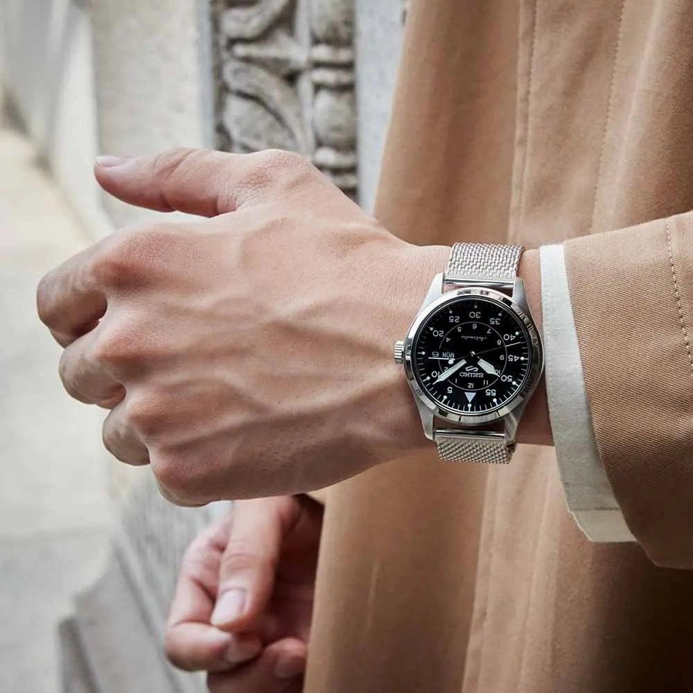 Seiko 5 Sports Flieger Stainless Steel Mesh Black Dial Automatic SRPH23K1 100M Men's Watch SIN Seiko 5 Sports Flieger Stainless Steel Mesh Black Dial Automatic SRPH23K1 100M Men's Watch