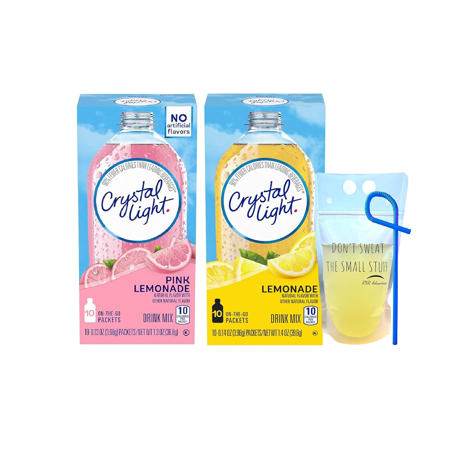 Crystal Light Lemonade and Pink Lemonade Variety Pack, 10 Low Calorie Zero Sugar Powdered Drink Packets Per Box (2 Box Pack) 20 Total Packets Bundle with Drink Pouch and Straw