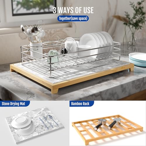 Stone Dish Drying Mat for Kitchen Counter Marble Super Absorbent Fast Drying Stone Mat Kitchen with Bamboo Rack 16 x12 inch (Light Yellow Marble)