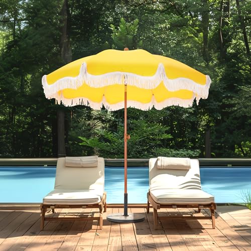 MFSTUDIO 7ft Beach Umbrella with Fringe, Tassel Umbrellas UPF50+ with Tilt Button & Crank, Holiday Outdoor Umbrella with Carry Bag, Ideal for Garden Lawn Poolside