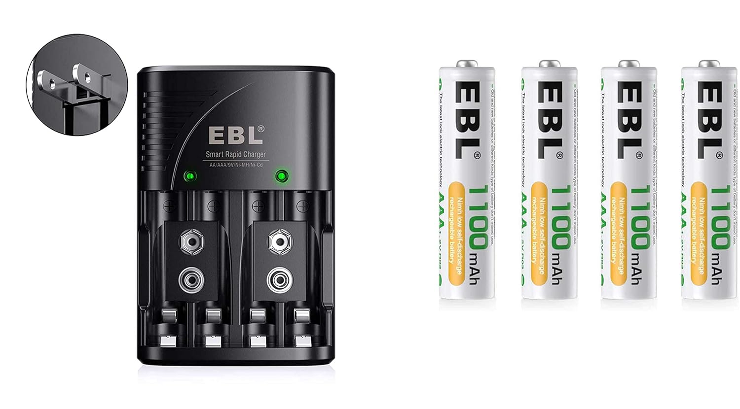 EBL 1100mAh AAA Rechargeable Batteries 4 Packs with AA AAA 9V Battery Charger for Ni-MH Ni-CD Rechargeable Batteries