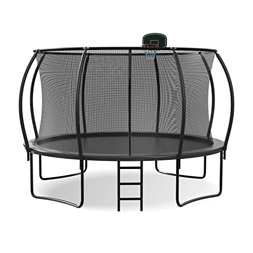 Trampᴏline with Safety Enclosure Net - 12FT Recreational Trampᴏlines with Ladder and Basketball Hoop, ASTM Approval- Outdoor Trampᴏline for Kids and Adults
