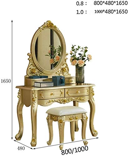 Luxurious Makeup Vanity Desk for Princess's Gift, 2 in 1 Makeup Vanity Desk European Style Dressing Table Gold Small Apartment Mini Princess Carved(0.8m), LDYU20230503