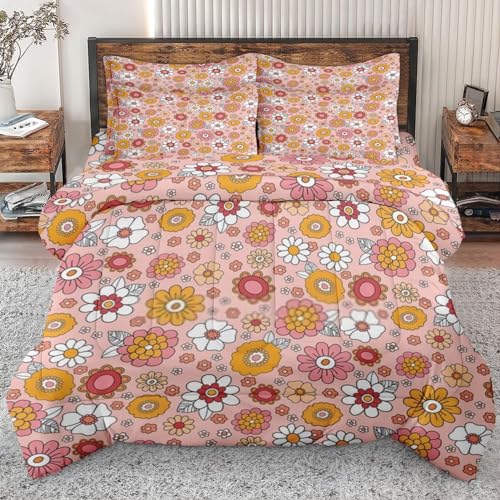 5 Pcs Comforter Set Twin Size, Stone Retro Black Gold Bed in a Bag with Flat Sheet and Fitted Sheet for Kids and Adults, Green Orange Rainbow Bedding Set with Pillowcase & Sham