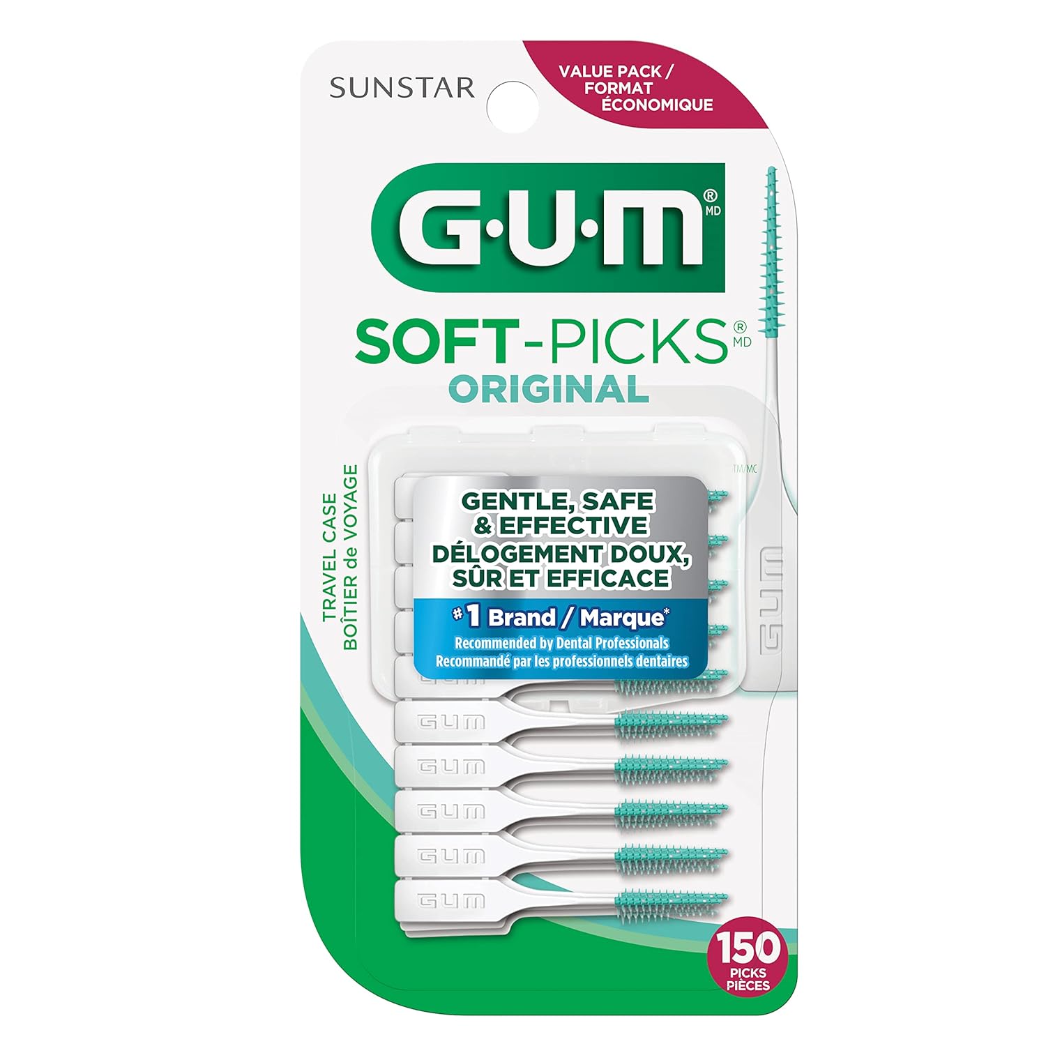 GUM Soft-Picks Original, Easy to Use Dental Picks for Teeth Cleaning and Gum Health, Disposable Interdental Brushes with Convenient Carry Case, Dentist Recommended Dental Floss Picks, 150ct (6pk)