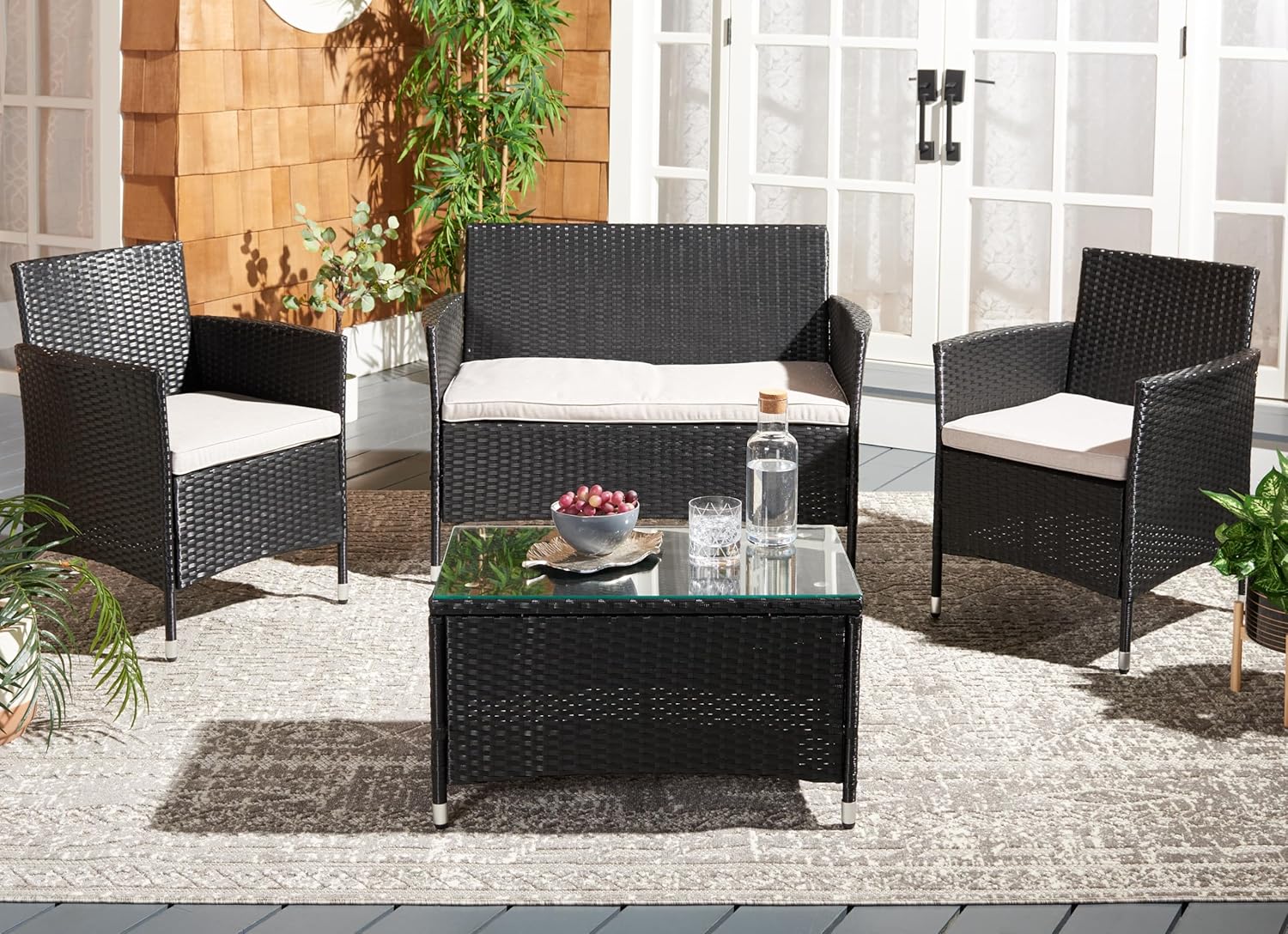 SAFAVIEH PAT7506E Bandele 4Pc Living Outdoor Set, Black/Light Grey