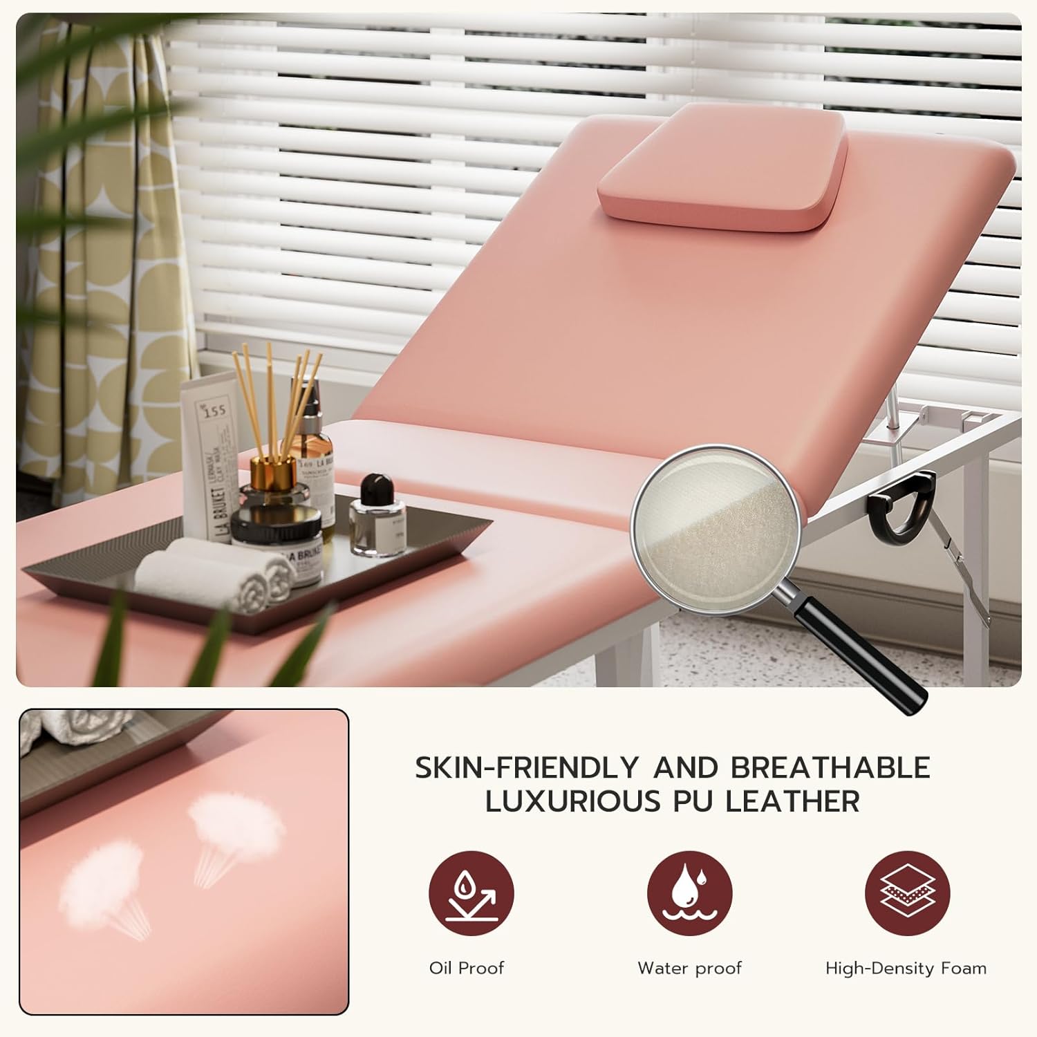 Pink Foldable Spa Bed for Client 2-Section Folding,Portable Tattoo Chair Table with Storage Bag, Portable Massage Table, Professional Massage Tables for Spa, Salon, Tattoo, Massage Bed