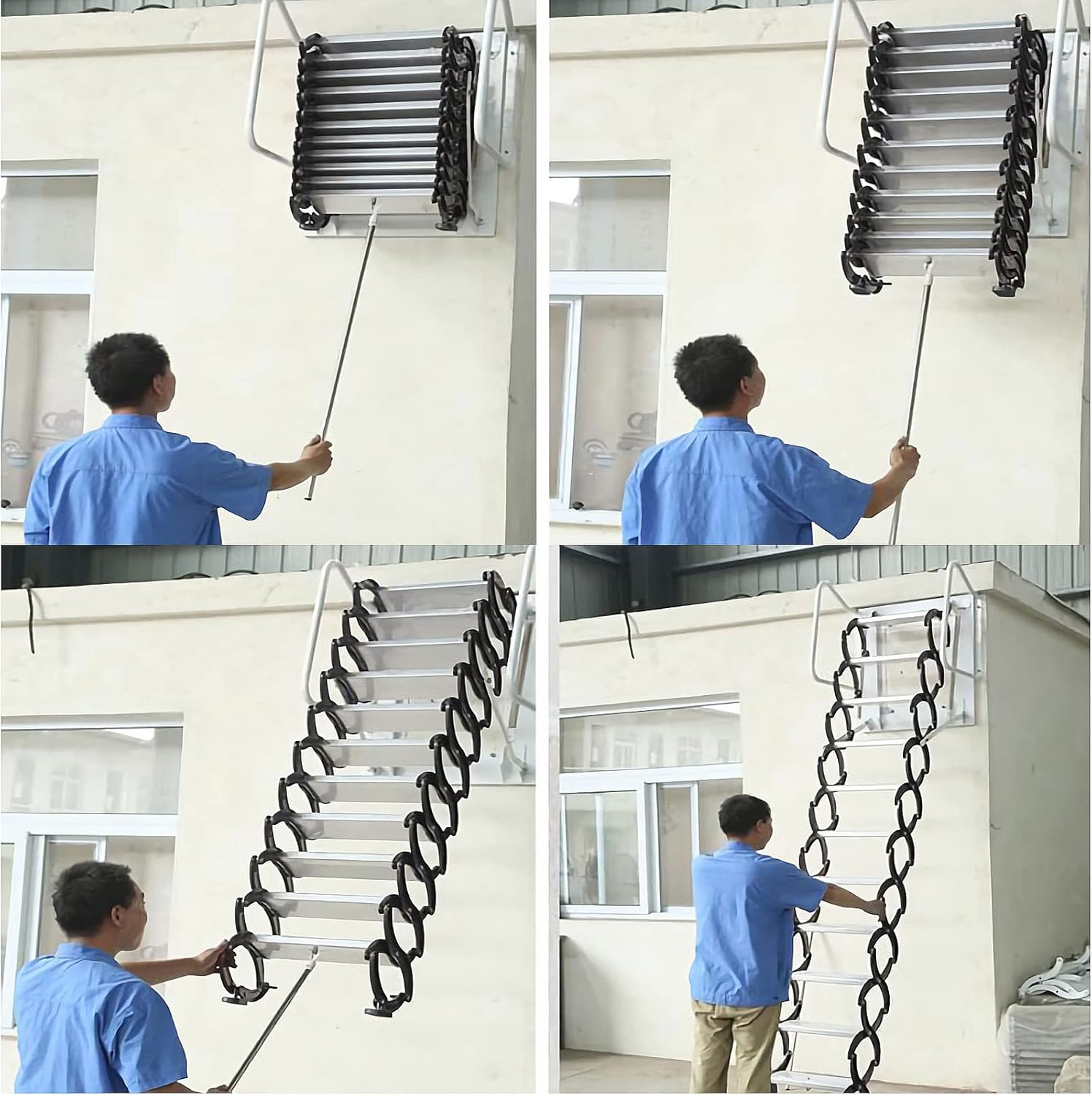 TECHTONGDA Folding Ladder Attic Loft Pull Down Ladder Stairs 12 Steps Wall Mounted Folding Stairs Al-Mg Alloy 9.8ft Height Attic Stairs Blue Retractable Attic Steps Loft Ladder with Armrests