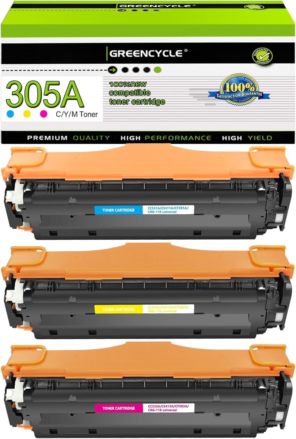 greencycle Compatible Toner Cartridge Replacement for HP 305A CE411A CE412A CE413A Toner 3 Packs Set Works on Laser Jet Pro 400 Color M451nw M451dw M451dn MFP M475dn M475dw M375nw Printer