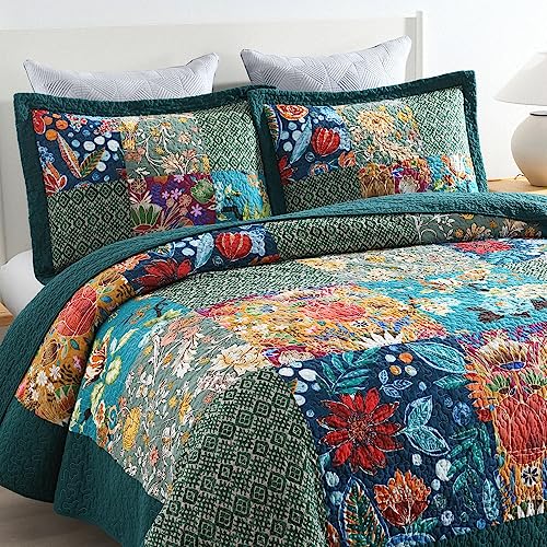 Autumn Dream Cotton Bedspread Quilt Sets Reversible Bedding Coverlet Sets Comforter, Paisley Floral Patchwork Yellow Grey Bedspread, King Size