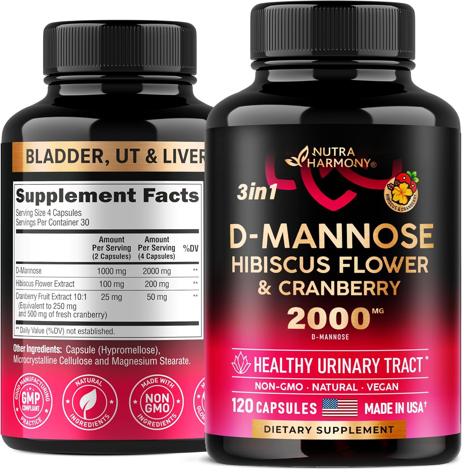 D-Mannose 2000mg Capsules - 3-in-1 Urinary Tract Health Supplement - Natural Bladder, Liver & Digestive Support with Cranberry & Hibiscus Flower - Made in USA - for Women & Men - 120 Vegan Pills