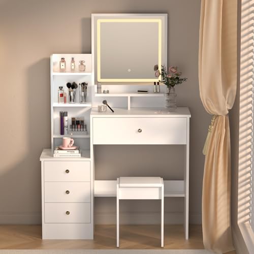 Vanity Desk with Mirror and Lights, Makeup Desk with 4 Drawers, 4 Open Shelves and Stool, 3 Lighting Modes, Adjustable Brightness, Dressing Table for Bedroom Dressing Room (White)