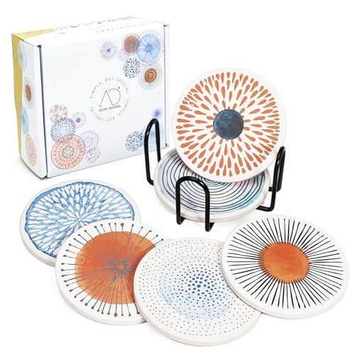 AD Set of 6 Coasters for Drinks Absorbing Round Ceramic Stone Coaster with Cork Base Tabletop Protection Mat for Mugs and Cups,Office,Kitchen (Rose Gold Holder)