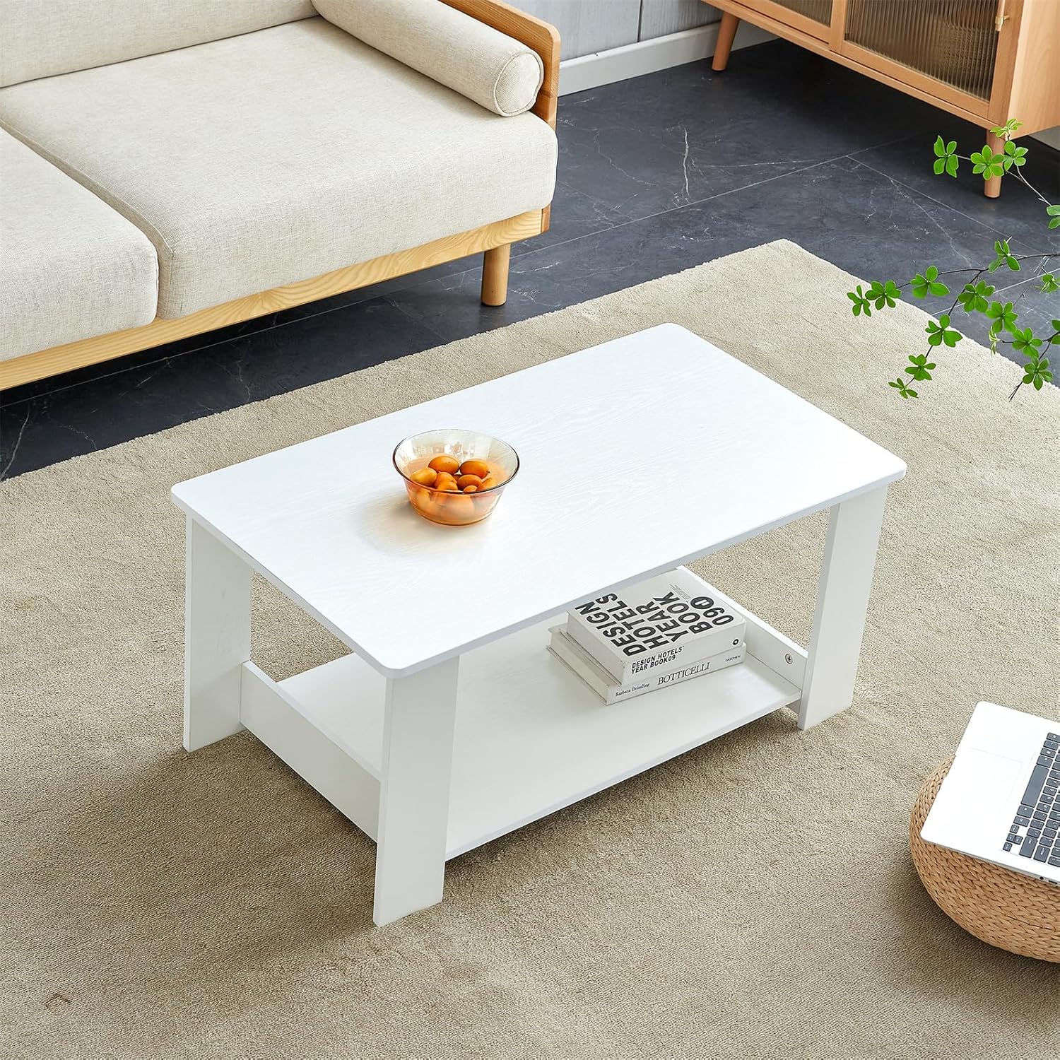 Modern Minimalist Wooden Coffee Table,Minimalist Industrial Style Center Table,Modern and Practical Coffee Table, Double Layered Coffee Table for Living Room Bedroom Study,MDF,White