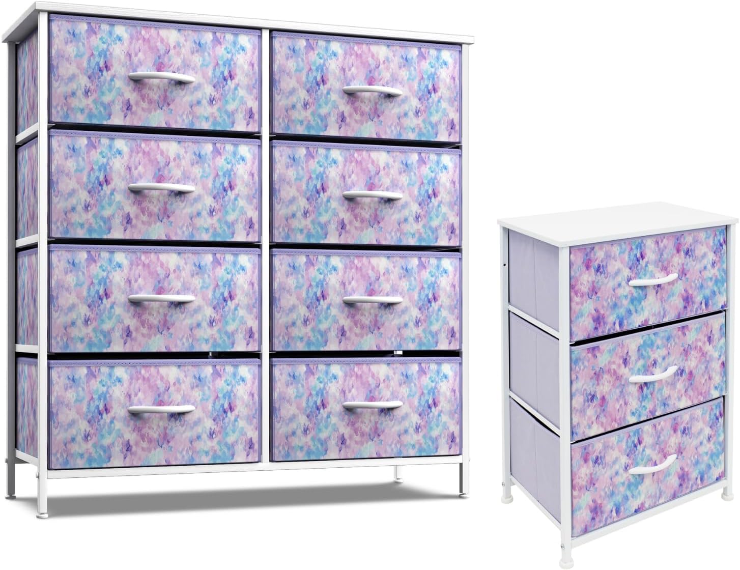 Sorbus Kids Dresser with 8 Drawers and 3 Drawer Nightstand Bundle - Matching Furniture Set - Storage Unit Organizer Chests for Clothing - Bedroom, Kids Rooms, Nursery, & Closet (Tie Dye)