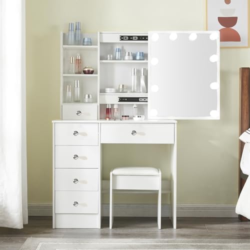 JBLCC Makeup Vanity with Lights, Vanity Desk Dressing Table Set with Drawers,3 Shelves,3 Light Modes,Stool, Brightness Adjustable for Bedroom (Modern W207)