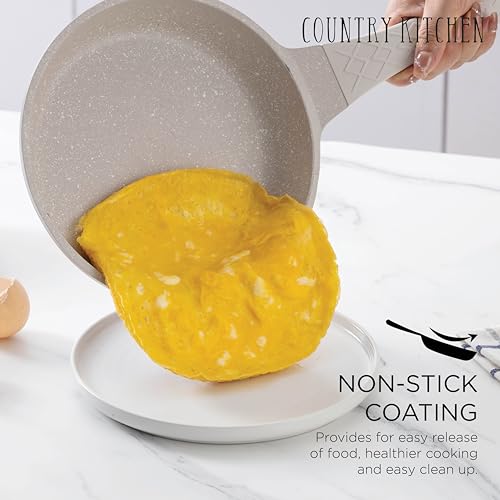 Country Kitchen Nonstick Induction Cookware Sets - 11 Piece Cast Aluminum Pots and Pans with BAKELITE Handles And Glass Lids (Cream)