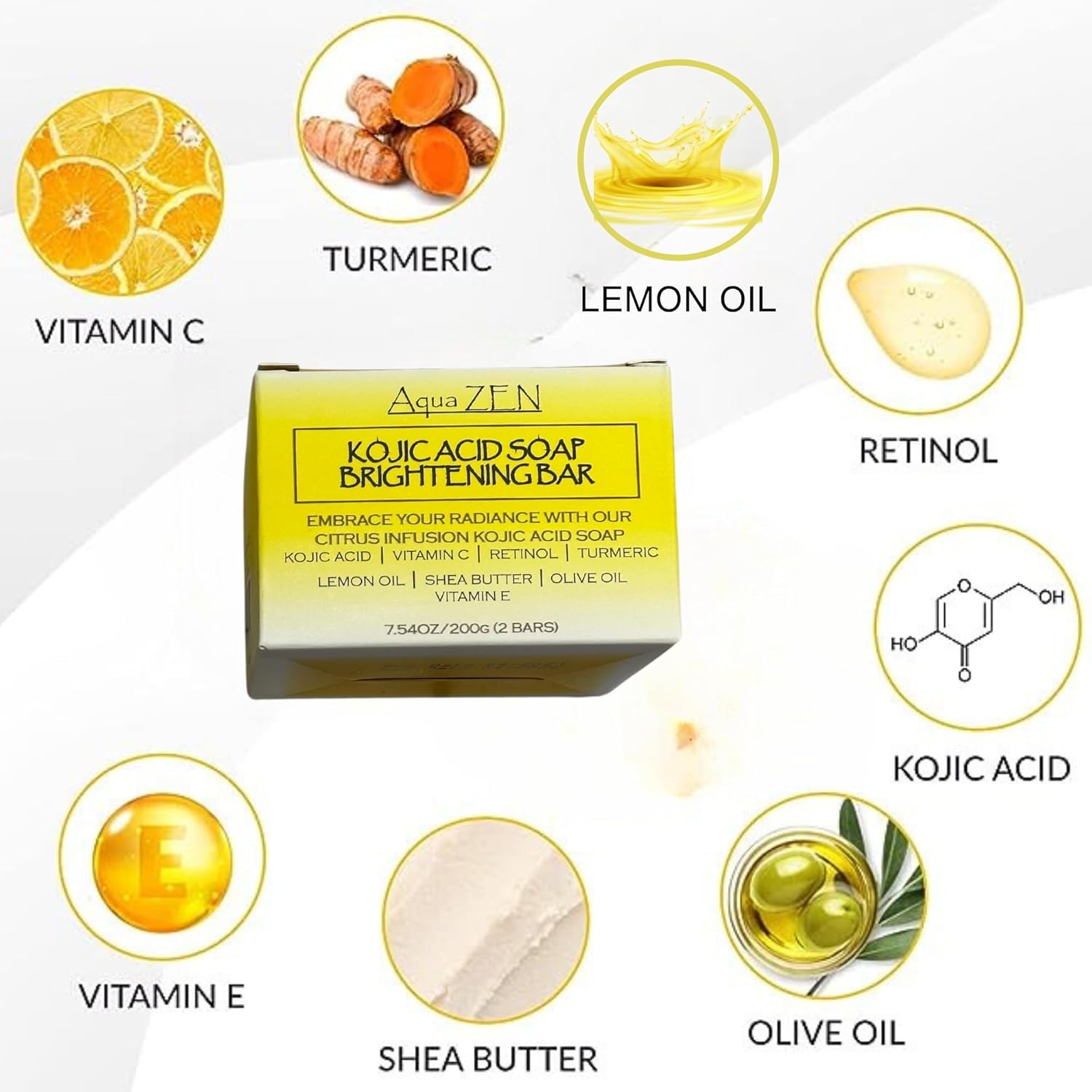Kojic Acid Soap Lemon Turmeric Brightening Bar with Turmeric, Lemon Oil, Vitamin C+E, & Retinol | (2) BARS 3.5OZ EA + Soap Net | Premium Citrus Infused Kojic Acid Soap w/ Shea Butter & Olive Oil