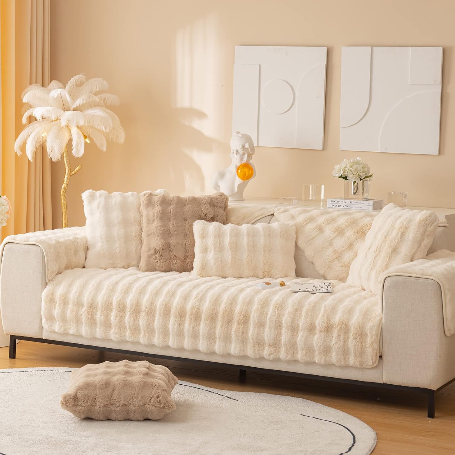 MIFXIN Soft Plush Sofa Cushion Cover Sofa Cover Fluffy Faux Fur 1 2 3 Seater Couch Cover Furniture Protector for Living Room Sectional Sofa Armrest Backrest (Beige 36''x70'')