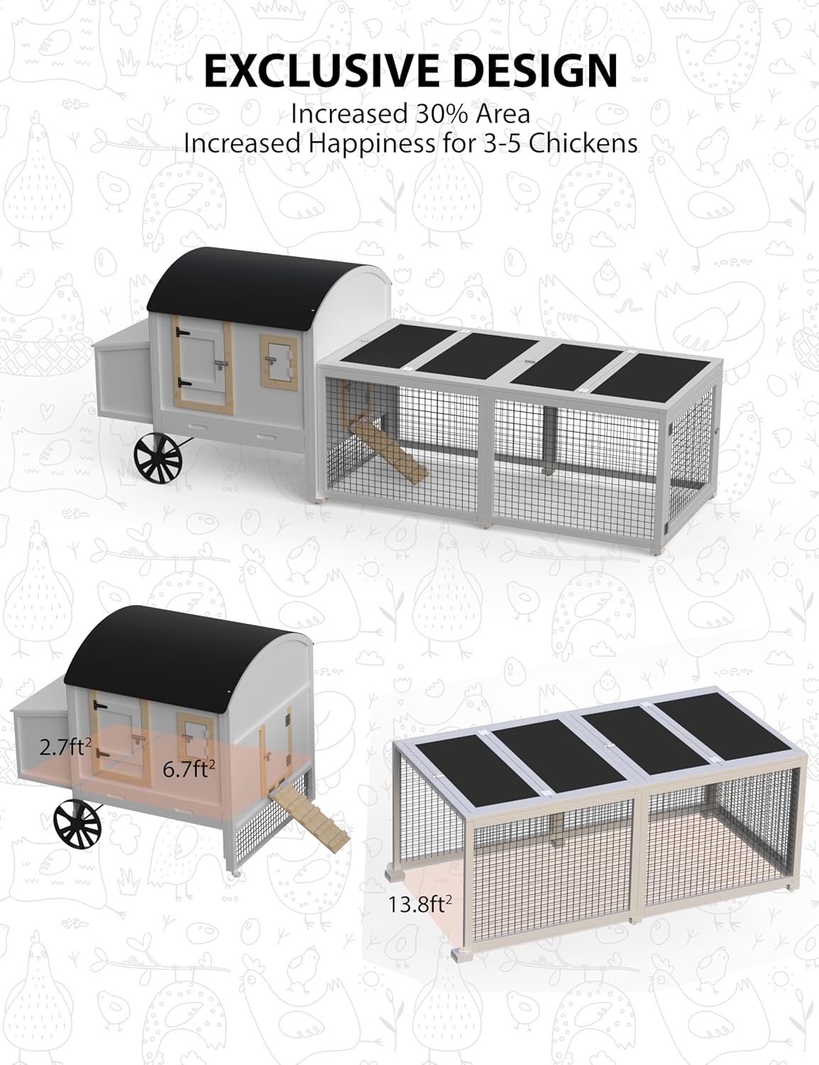 Chicken Coop, Outdoor Chicken Coop for 3-5 Chickens, 106in Chicken Coop with Run, Wooden Chicken Coop with Waterproof Roof, Nesting Box, Pull Out Trays and Ramp, White Carriage