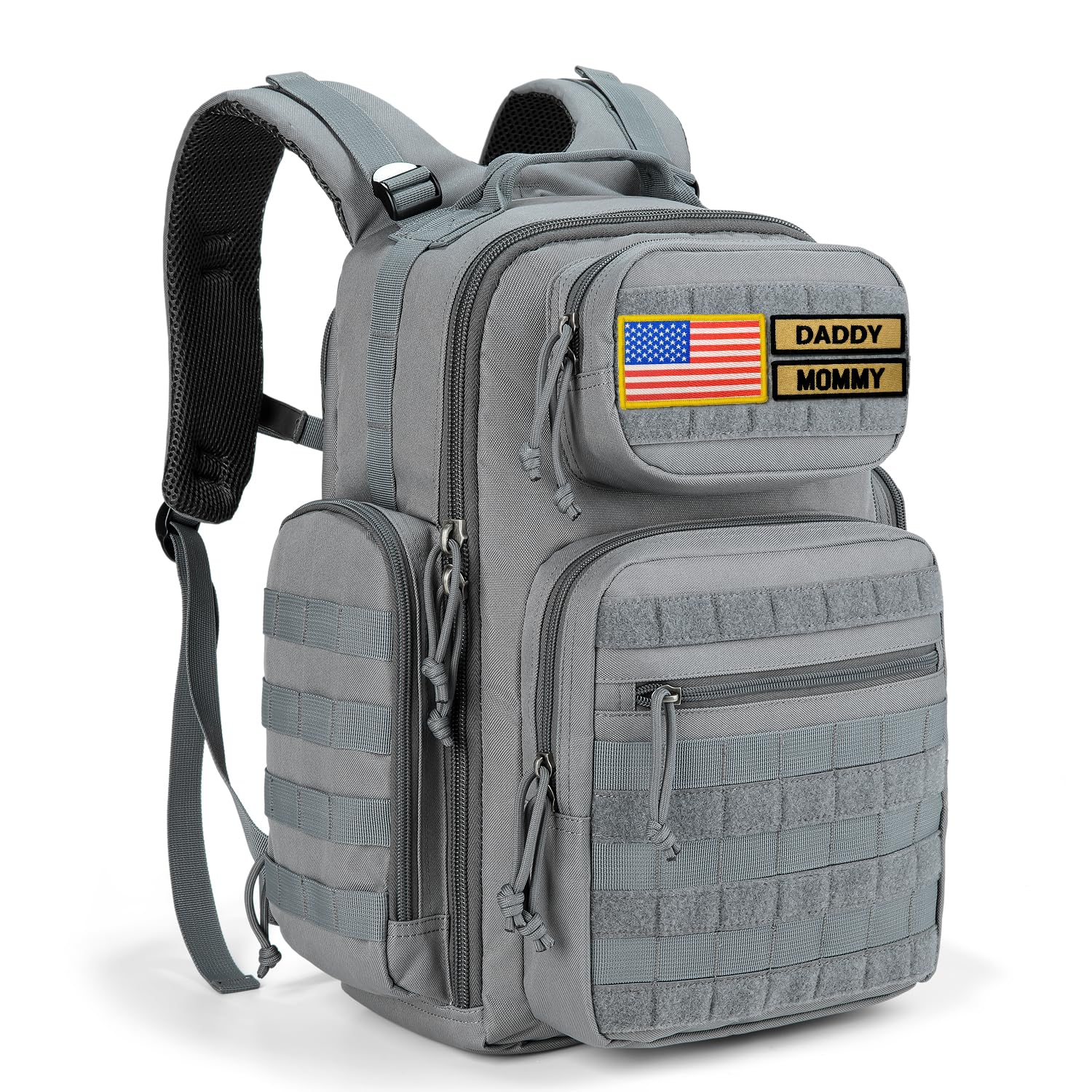 MIRACOL Military Diaper Bag with Changing Pad - Insulated Baby Backpack with Patches for Outdoor Travel Trips - Daddy Diaper Backpack Grey with Waterproof Baby Changing Station for Baby Shower Gifts