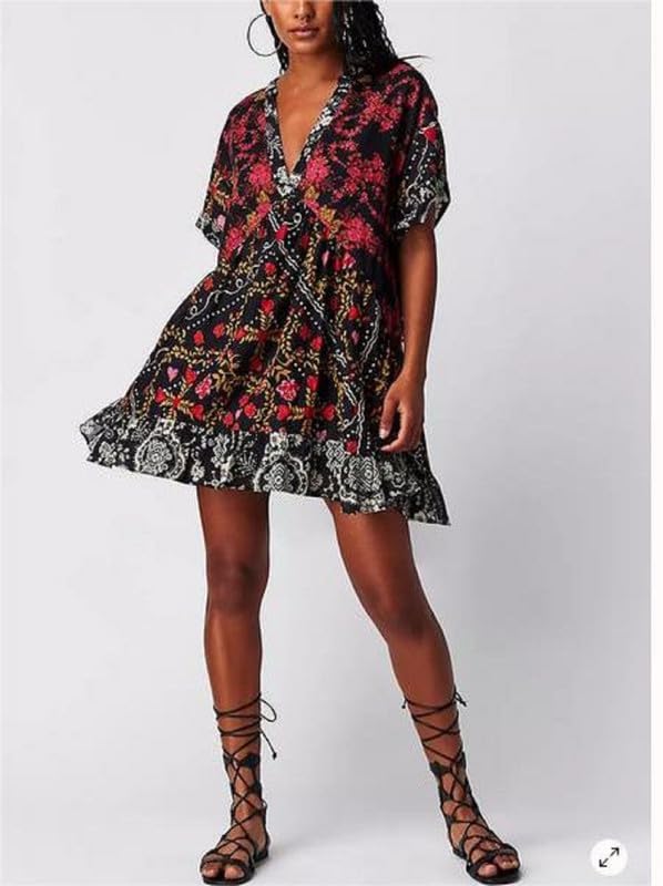 Generic Women’s Boho Mini Dress Y2k Floral Deep V-Neck Puff Sleeve Short Dresses 2024 Summer Causal Beach Flowy Mini Sundress