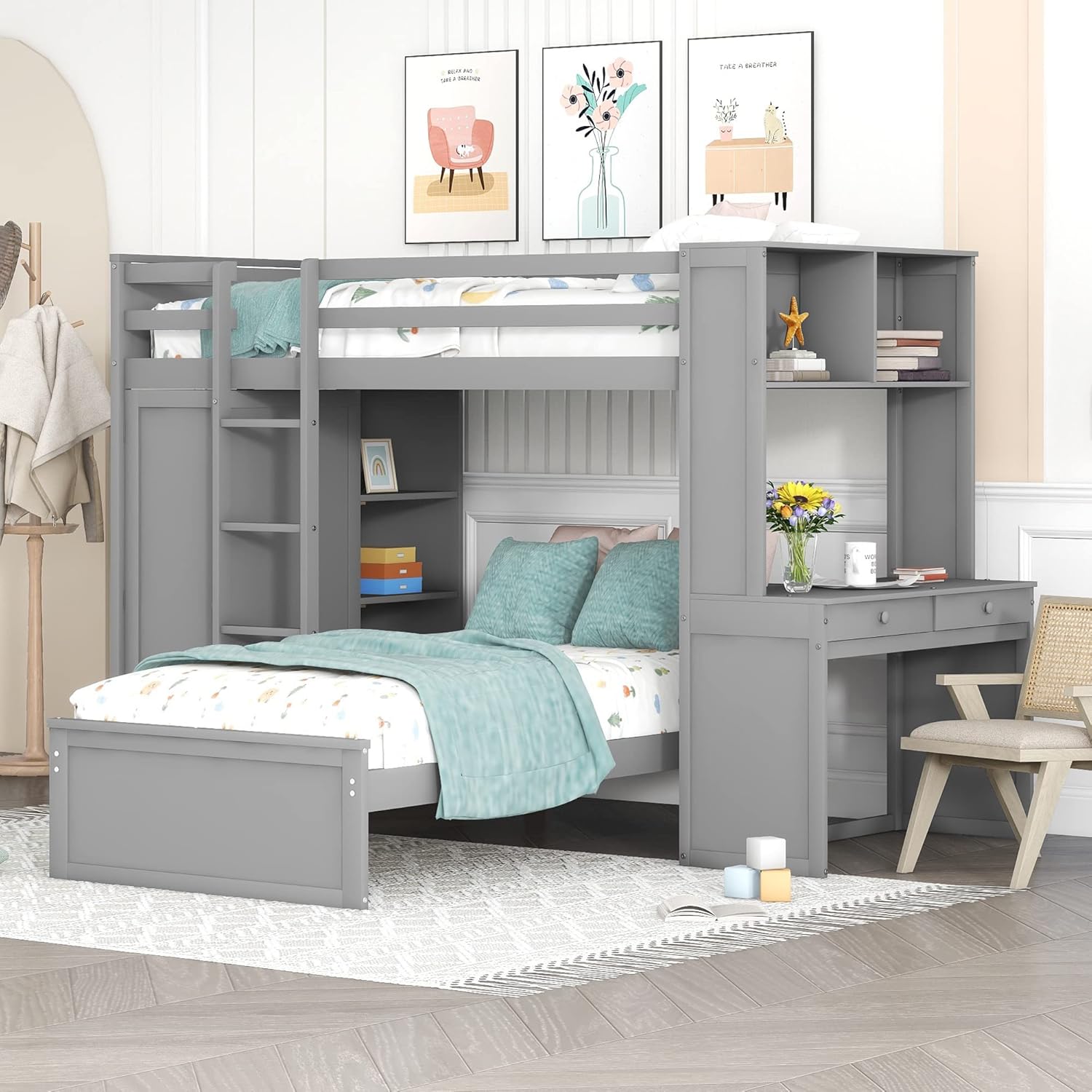 Twin Over Twin Wooden Bunk Bed and Loft Bed with Shelves, Desk, and Wardrobe - Sturdy Bedframe for Kids, Teens, and Adults, Space-Saving Design, No Box Spring Needed, Gray