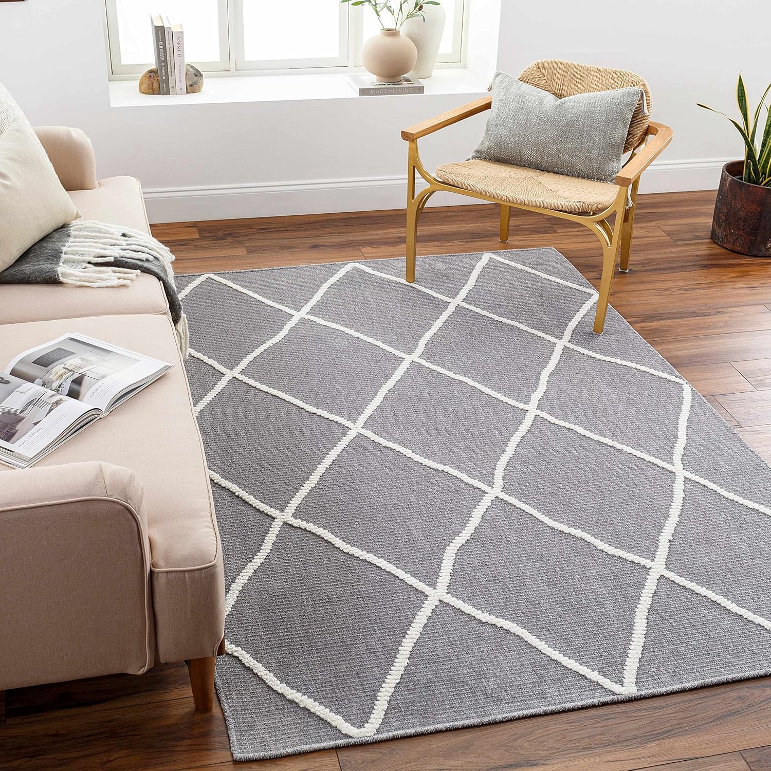 Hauteloom Amani Living Room, Bedroom Machine Washable Area Rug - Bohemian Modern Farmhouse - Moroccan Trellis - Gray, White - 5' x 7'2