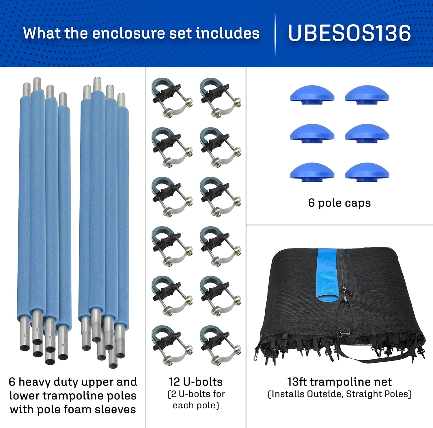 Machrus Upper Bounce Trampoline Safety Enclosure Set for 7.5 FT 10FT 12FT 13FT 14FT 15FT Frames - includes Net, Poles & Hardware - Installs Outside Frame