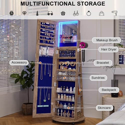 HNEBC 360° Swivel Jewelry Armoire with Mirror, LED Mirror Jewelry Cabinet Standing, Full Length Mirror with Jewelry Storage, Standing Jewelry Organizer/Lockable Wheels/Foldable Makeup Shelf (A-White)