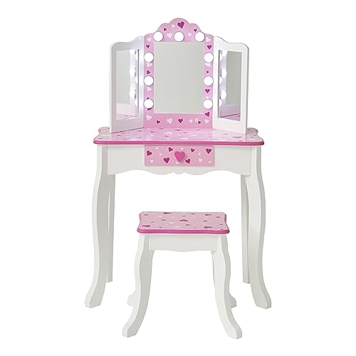 Teamson Kids Princess Rapunzel Wooden 2-pc. Play Vanity Set with Three Storage Drawers, Rotating Oval Mirror and Matching Stool to Play Dress-up, Princess or Beauty Shop, White