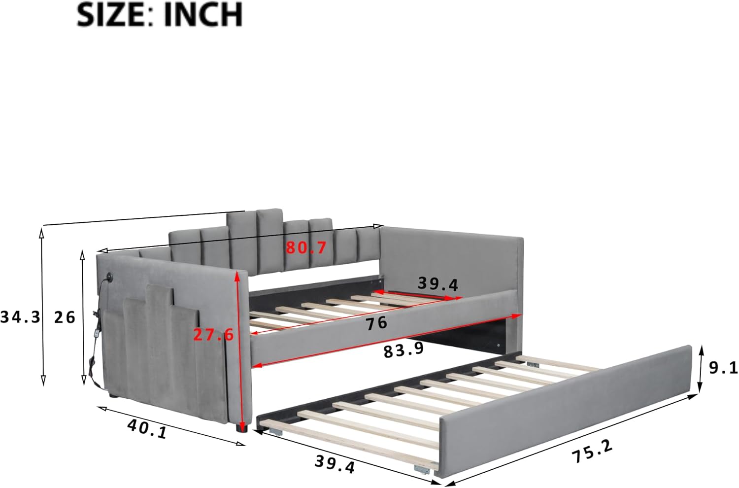 Merax Upholstered Daybed, Twin Size Corduroy-tufted Sofa Bed with Trundle, Light and USB Port for Bedroom, Wood Slat Support, No Box Spring Needed, Easy Assembly, Grey