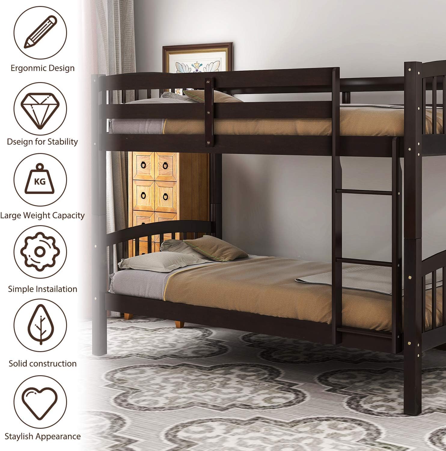 Twin Over Twin Bunk Bed with Ladder,Espresso (OLD SKU: LP000066AAP)