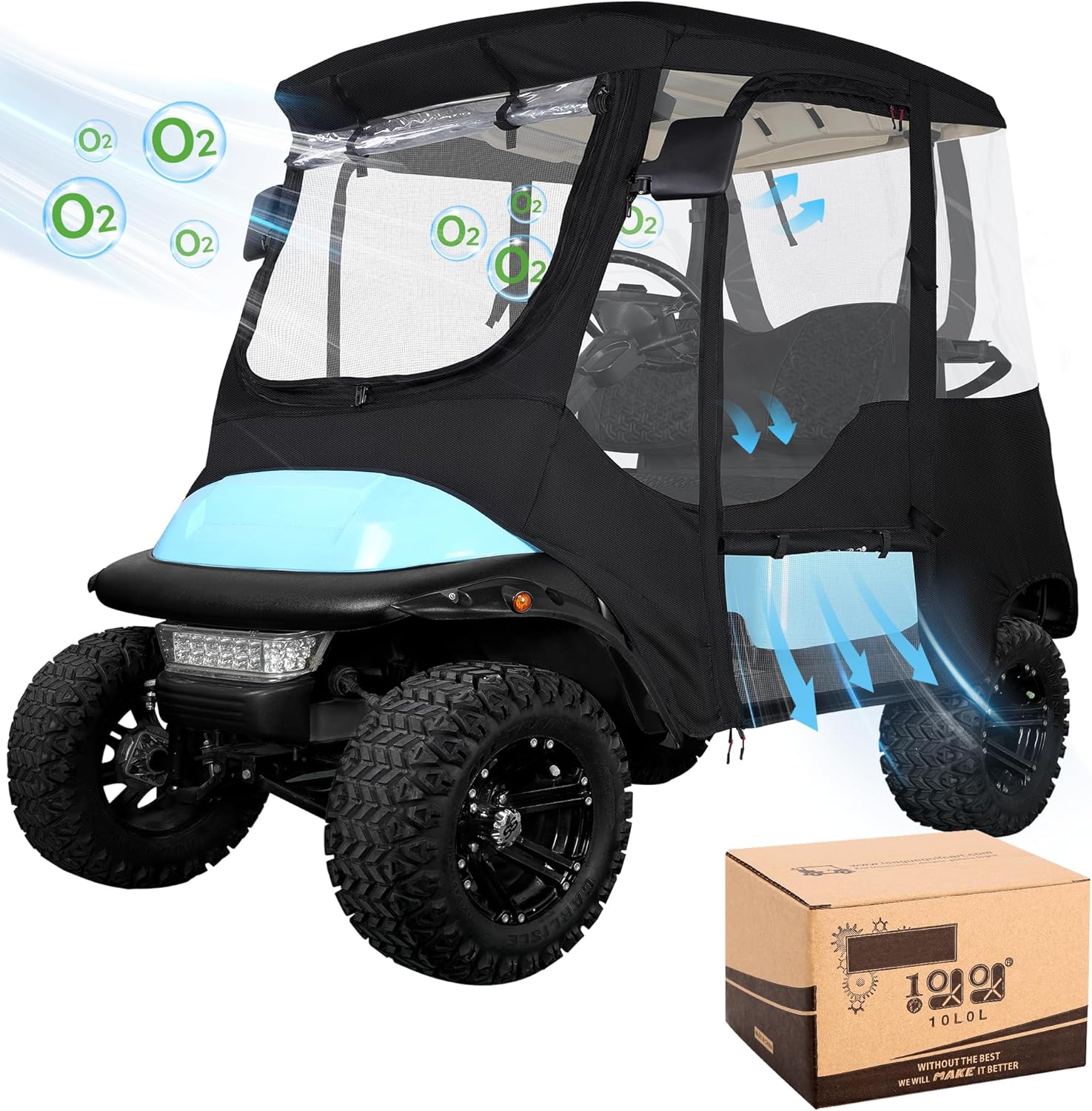 10L0L Golf Cart Enclosure Sun Shade Cover for Club Car Precedent 2 Passengers with Dust Netting Windshield and 4 Sided Transparent Dust Netting Double Windows, Suitable for All Seasons and All Days