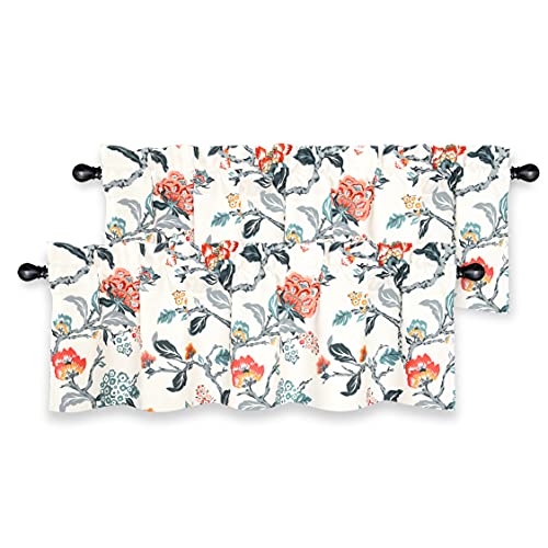 DriftAway Ada Botanical Print Lined Flower Leaf Thermal Insulated Window Valance Rod Pocket 52 Inch by 18 Inch Plus 2 Inch Header Ivory Orange Teal 1 Pack