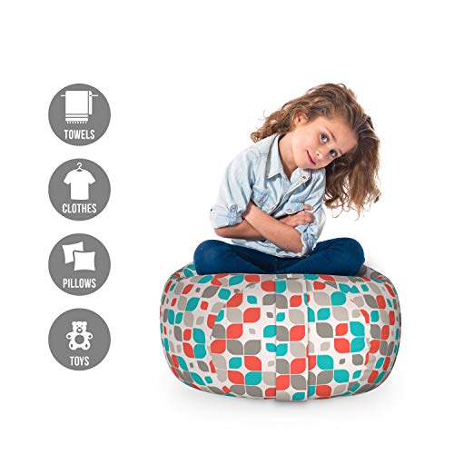 Ambesonne Retro Storage Toy Bag Chair, Old Fashioned Style Abstract Mosaic Grid Inspired Floral Pattern Classical, Stuffed Animal Organizer Washable Bag, Small Size, Grey Turquoise Red