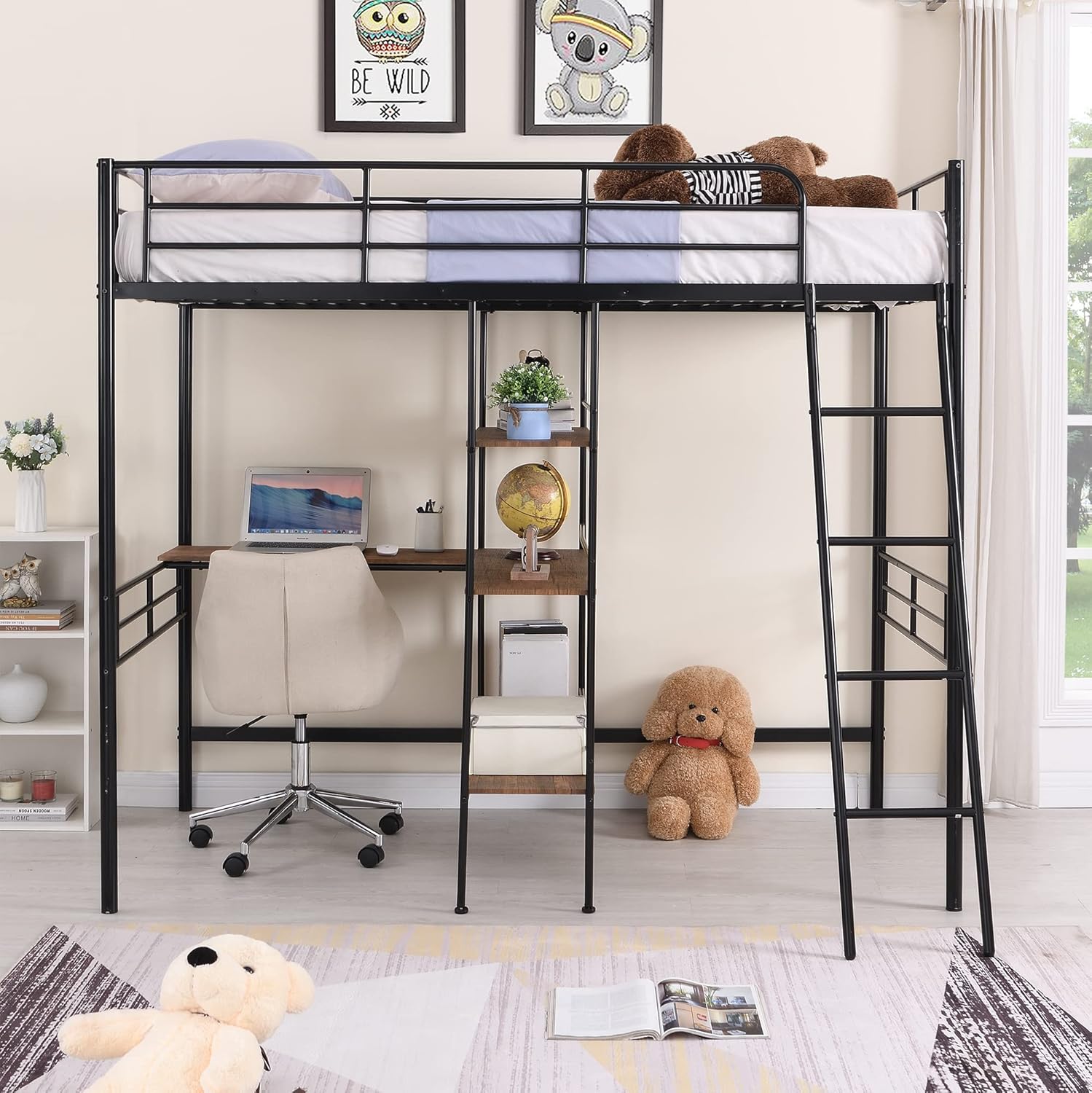 Merax Twin Size Metal Loft Bed with Built-in Desk, 3-Tier Shelves and Full-Length Guardrail, No Spring Box Needed, Black