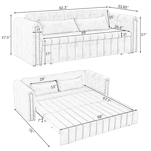 Ucloveria 3 in 1 Convertible Sleeper Sofa Bed, Velvet 3 Seater Lounge Sofa Loveseat Futon Couch w/2 Drawers & 2 Pillows, Pull Out Sofa Bed with Rolled Arms Decorated with Copper Nails for Living Room