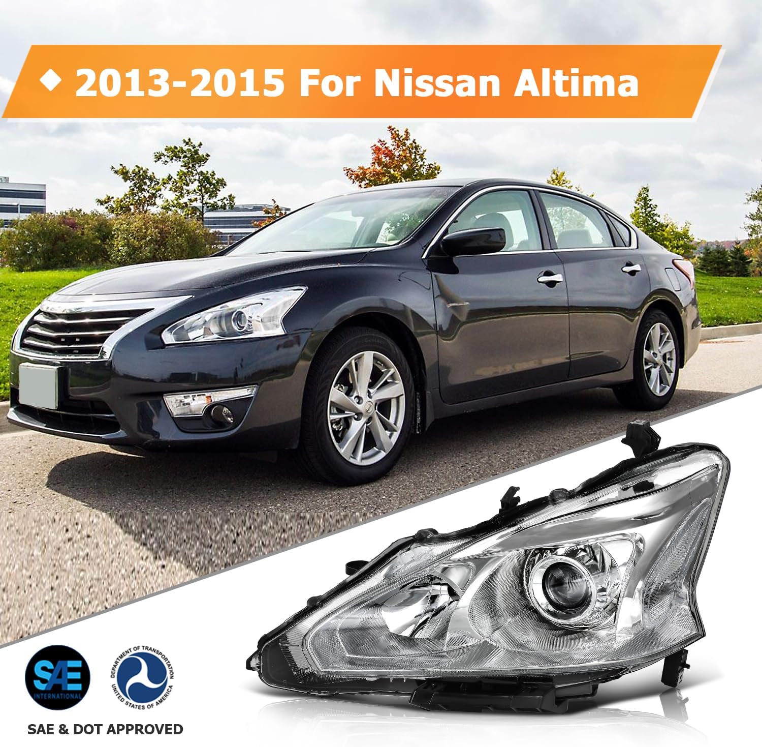 Headlight Assembly For Nissan Altima 2013-2015 Chrome Housing Clear Reflector Driver and Passenger Side Headlamp