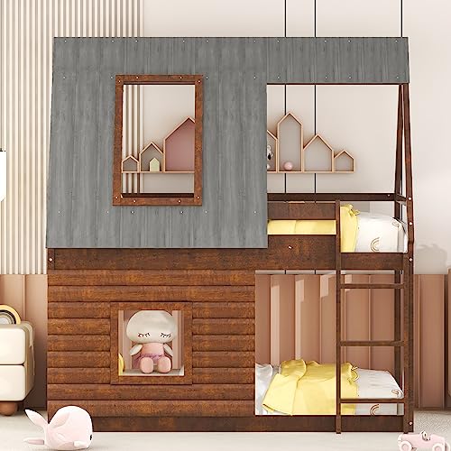 House Bunk Bed Twin Over Twin ，Bunk Beds Compatible with with Roof and Windows,Wood Floor Bunk Beds with Ladder and Guard Rails Compatible with * /,Grey,Modern Style