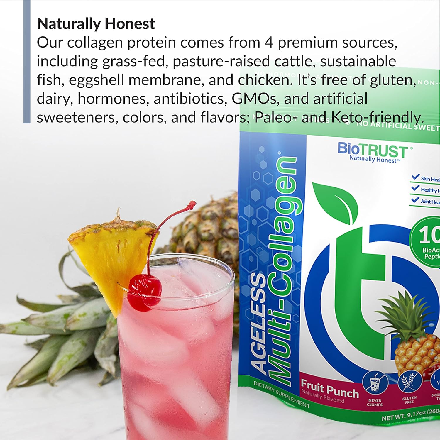 BioTrust Ageless Multi Collagen 5-in-1 Protein Powder (Fruit Punch) BlenderBottle Bundle