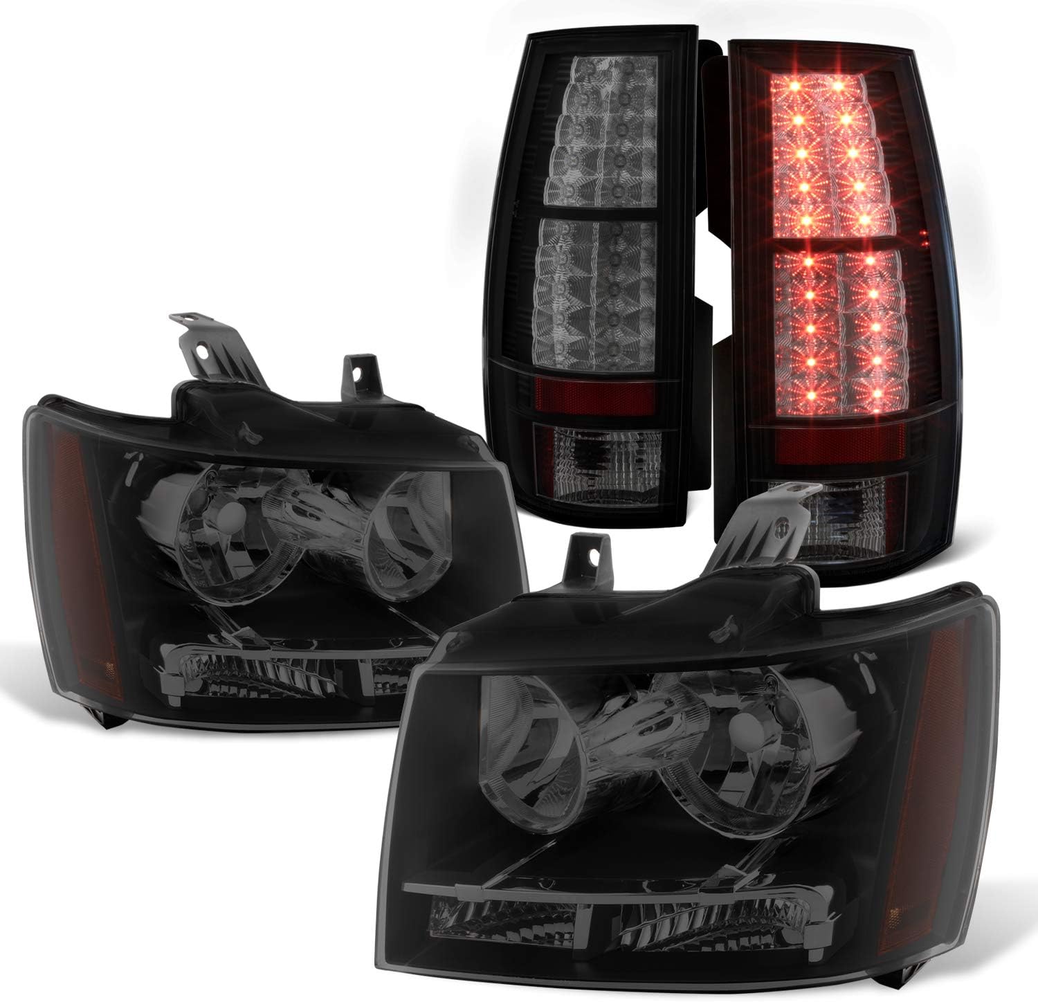 AKKON - For 07-14 Chevy Suburban Tahoe Black Smoked OE Headlights + LED Rear Tail Lamp Replacement