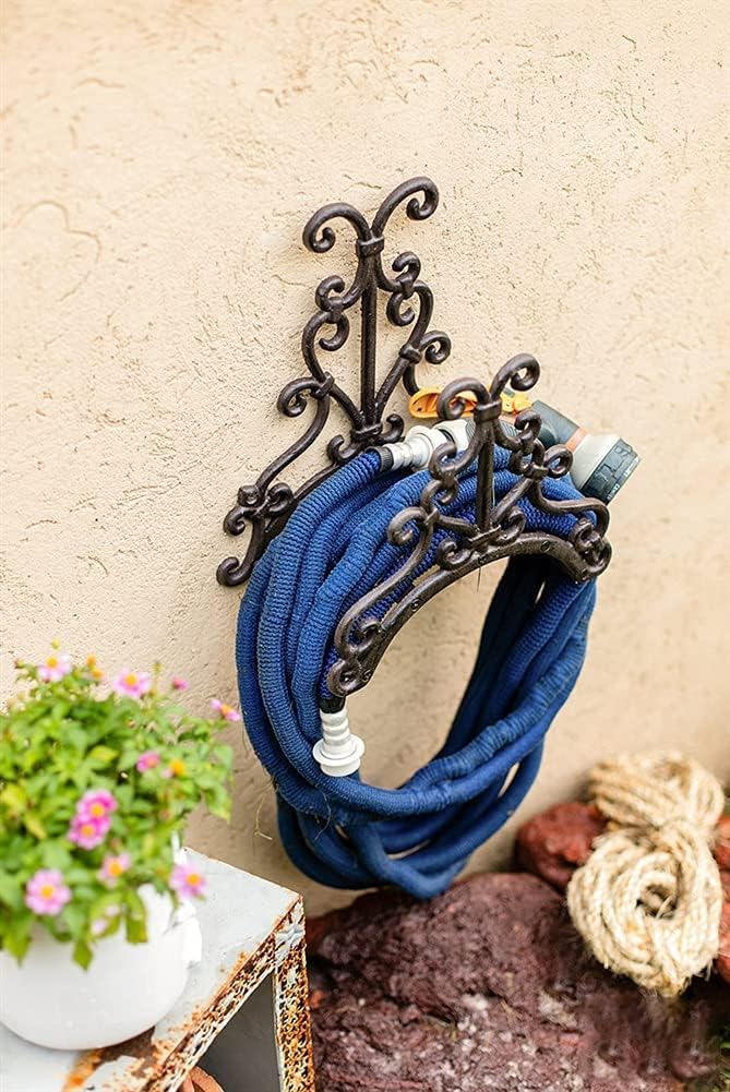 Garden Hose Holder Cast Iron Wall Mounted Hanger Reel, Antique Brown Finish Water Rack, Organizer for Outside Yard, 57645