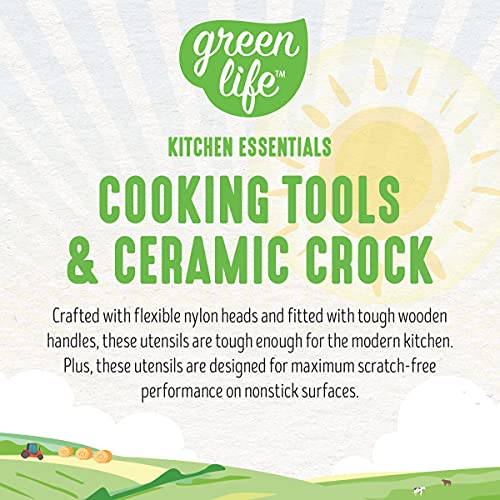 GreenLife Cooking Tools and Utensils, 7 Piece Nylon and Wood Kitchen Set with Ceramic Crock Holder, Heat Resistant Spatula and Spoons, BPA-Free, Pink