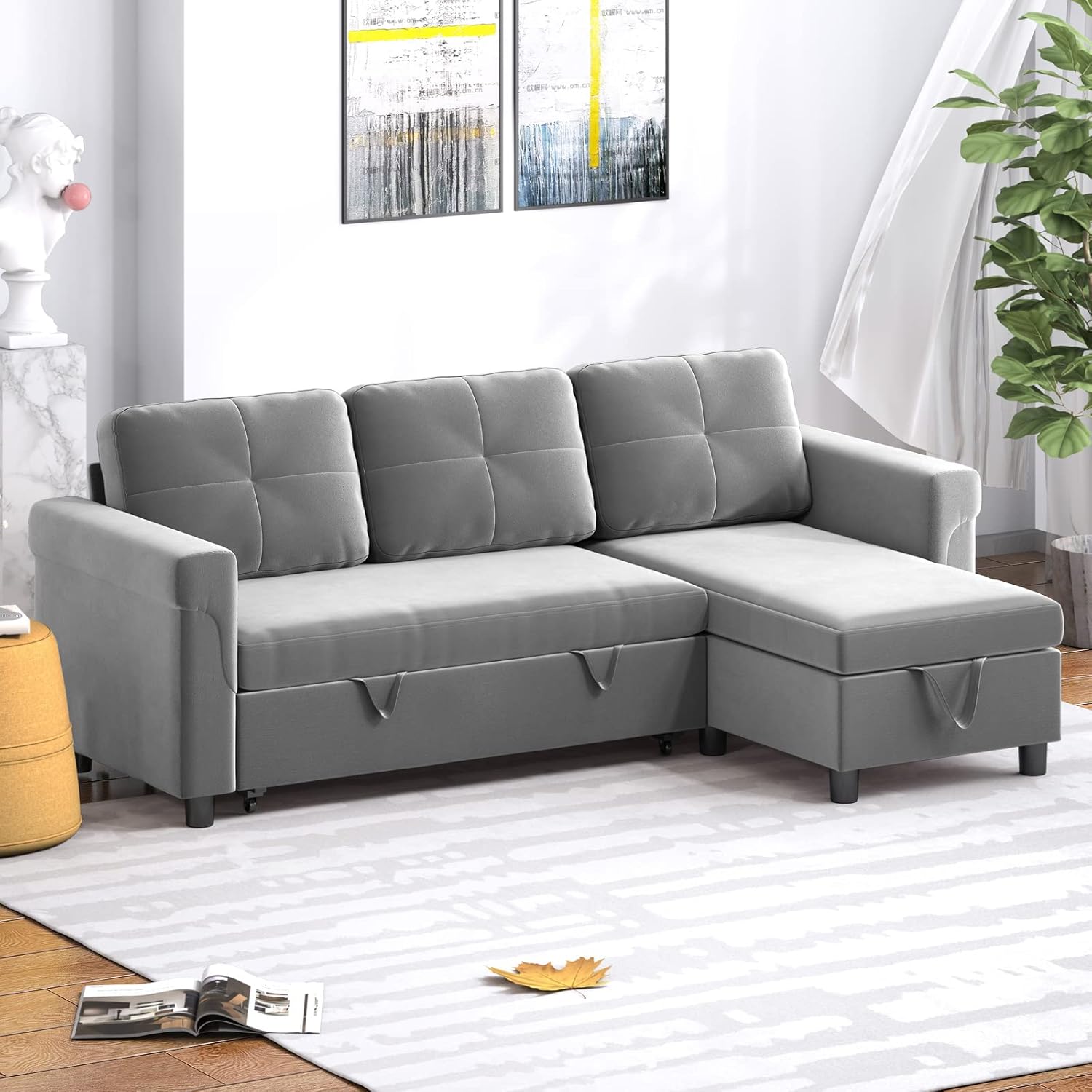 BALUS Reversible Sectional Sleeper Sofa with Storage Chaise, Velvet Upholstered Pull Out Sofa Bed, L-Shape Sleeper Sectional Sofa Couch for Living Room, Office and Small Apartment (Light Grey)