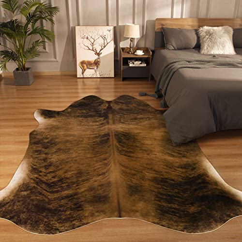 Modern Cowhide Rug Faux Cow Rug for Living Room 4.6x5.2ft Animal Rug White and Brown Cow Hide Rug Large Cow Print Rug Non Slip Area Rug Industry Style Western Rugs